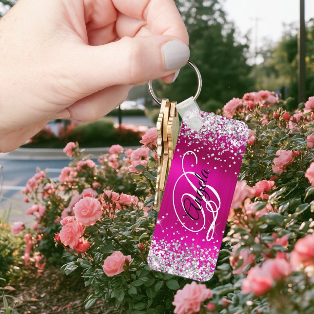 Silver Glitter Hot Pink Folie Fancy Monogram Nyckelring (Silver Glitter Hot Pink Foil Fancy Monogram Keychain)