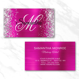 Silver Glitter Hot Pink Folie Fancy Monogram Visitkort