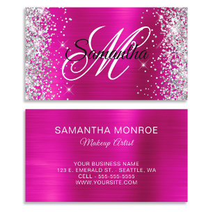 Silver Glitter Hot Pink Folie Fancy Monogram Visitkort