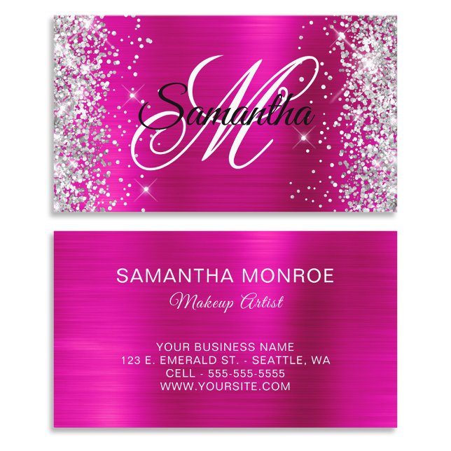 Silver Glitter Hot Pink Folie Fancy Monogram Visitkort (Silver Glitter Hot Pink Foil Fancy Monogram Business Cards)