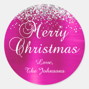 Silver Glitter Hot Pink Folie God Jul Runt Klistermärke