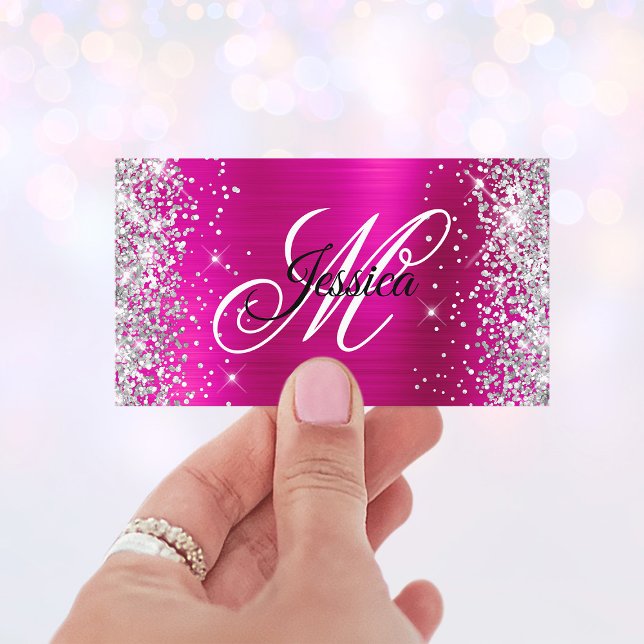 Silver Glitter Hot Pink Folie Monogram Profil Visitkort (Faux Glittery Monogram Business Cards)