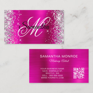 Silver Glitter Hot Pink Folie och QR-kod Monogram Visitkort