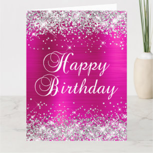 Silver Glitter Hot Pink Folie Stor Glad Födelsedag Kort