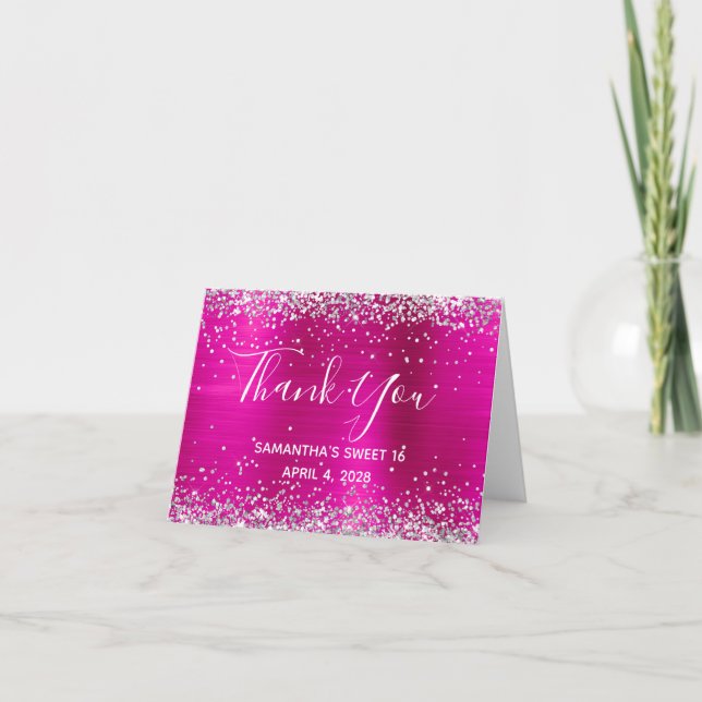 Silver Glitter Hot Pink Folie Sweet 16 Tack Kort (Framsida)