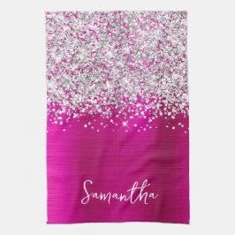 Silver Glitter Hot Pink Glam Namn Kökshandduk