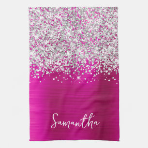Silver Glitter Hot Pink Glam Namn Kökshandduk