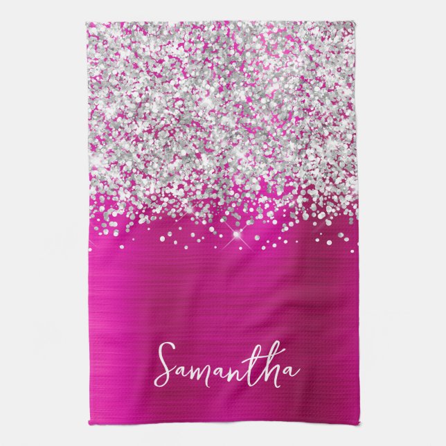 Silver Glitter Hot Pink Glam Namn Kökshandduk (Vertikal)