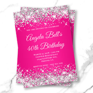 Silver Glitter Hot Pink Monogram 40-årsfirande Inbjudningar