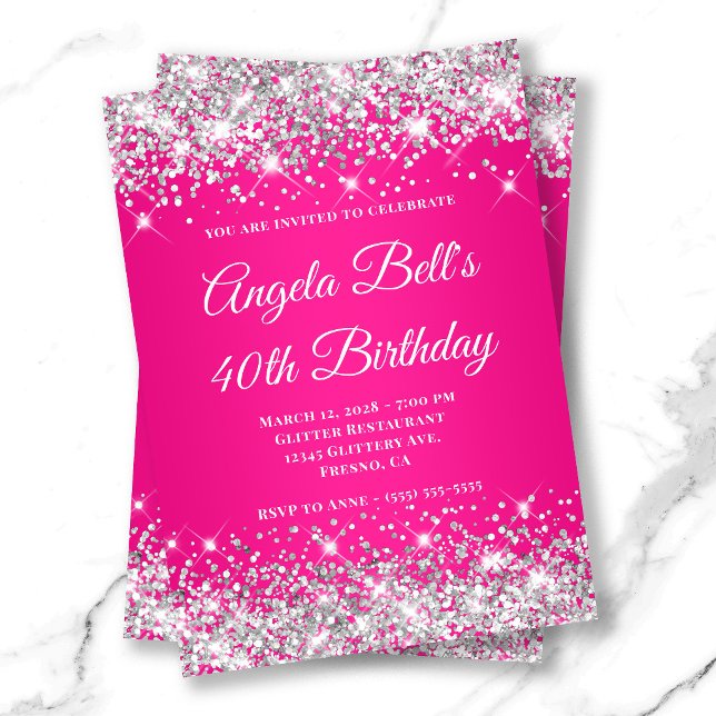 Silver Glitter Hot Pink Monogram 40-årsfirande Inbjudningar (Silver Glitter Hot Pink Monogram 40th Birthday Invitation)