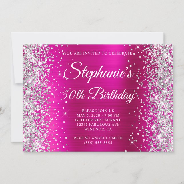 Silver Glitter Hot Pink Monogram 50-årsfirande Inbjudningar (Framsida)