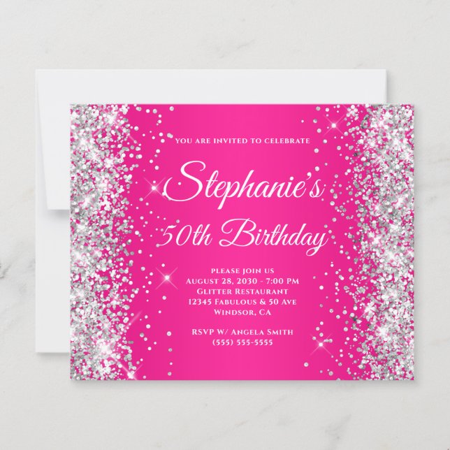 Silver Glitter Hot Pink Ombre 50-årsfirande Inbjud (Framsida)