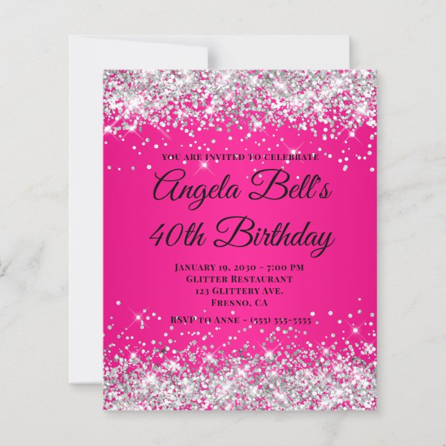 Silver Glitter Hot Pink Ombre Fancy Monogram 40-år (Framsida)