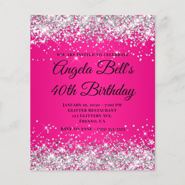 Silver Glitter Hot Pink Ombre Fancy Monogram 40-år Flygblad (Framsidan)