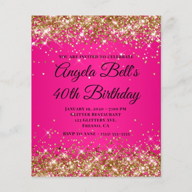Silver Glitter Hot Pink Ombre Fancy Monogram 40-år Flygblad (Framsidan)