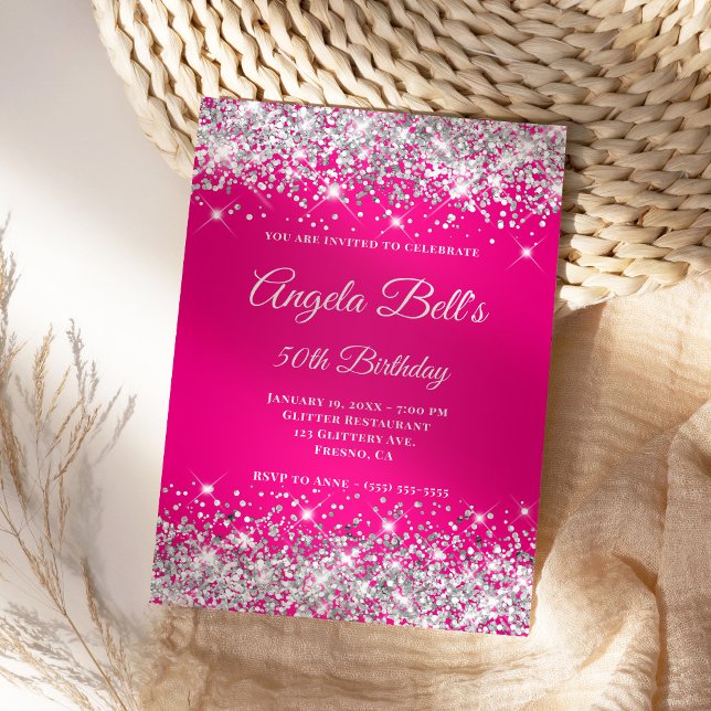 Silver Glitter Hot Pink Ombre Fancy Monogram Inbjudningar (Create your own hot pink birthday invite for her.)