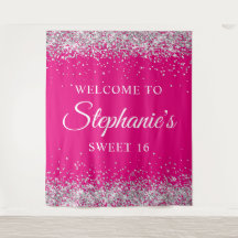 Silver Glitter Hot Pink Sweet 16 Födelsedagsvälkom