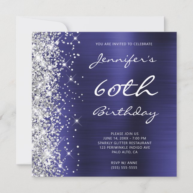 Silver Glitter Indigo Blue Foil 60 Birthday Inbjudningar (Framsida)