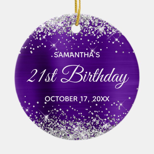 Silver Glitter Indigo Foil 21 Birthday Julgransprydnad Keramik (Framsidan)