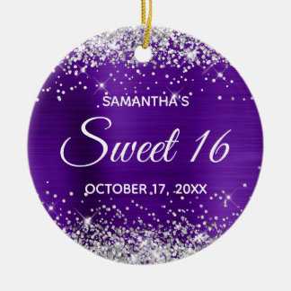 Silver Glitter Indigo Foil Sweet 16 Birthday Julgransprydnad Keramik