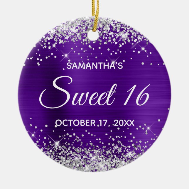 Silver Glitter Indigo Foil Sweet 16 Birthday Julgransprydnad Keramik (Framsidan)