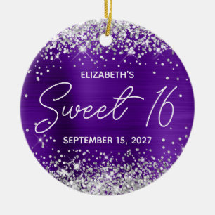 Silver Glitter Indigo Lila Finare Sweet 16 Photo Julgransprydnad Keramik