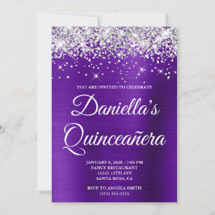 Silver Glitter Indigo Lila Folie Quinceañera Inbjudningar