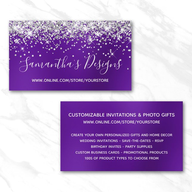 Silver Glitter Indigo Lila Oskärpa Webbutik Visitkort (Silver Glitter Indigo Purple Blur Online Store Business Card)