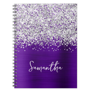 Silver Glitter Indigo Purple Glam Skriptnamn Anteckningsbok