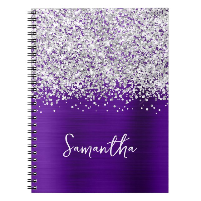 Silver Glitter Indigo Purple Glam Skriptnamn Anteckningsbok (Framsidan)