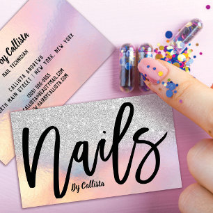 Silver Glitter Iridescent Holography Nagel Tech Visitkort
