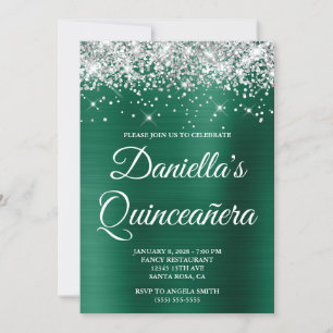 Silver Glitter Jägare Grön Folie Quinceañera Inbjudningar