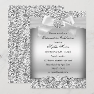 Silver Glitter & Jewel Bow Quinceanera på svenska Inbjudningar