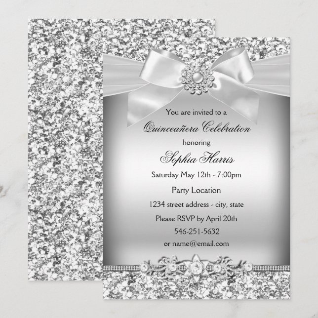 Silver Glitter & Jewel Bow Quinceanera på svenska Inbjudningar (Fram/baksida)