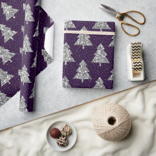 Silver Glitter Julgran Mönster på Indigo Presentpapper