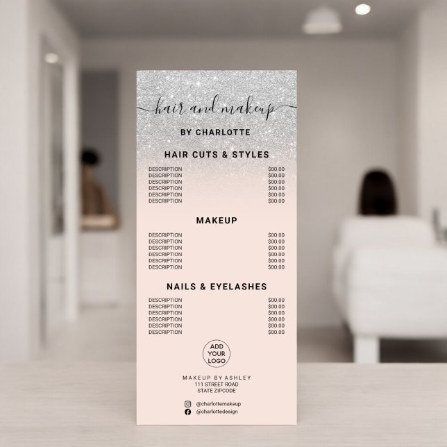 Silver glitter kalligrafi av hårsmink pris reklamkort (Silver glitter calligraphy hair makeup price rack card)