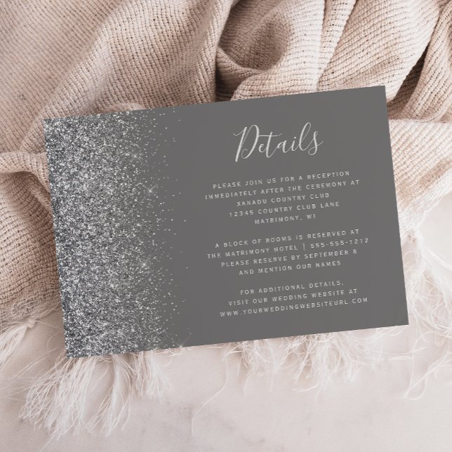 Silver Glitter Kant Grå Bröllopsdetaljer Tilläggskort (Skapare uppladdad)