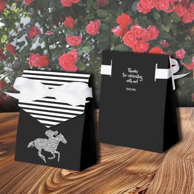 Silver Glitter Kapplöpningshäst Svart Vita Ränder Presentaskar (Silver racehorse tent-style ribbon close favor box with  thank you on the back, 3" x 1.5" x 3.25")