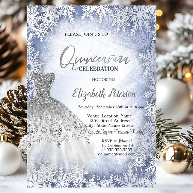 Silver Glitter Klänning Blå Snöflingor Quinceanera Inbjudningar (Skapare uppladdad)