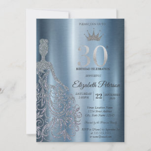 Silver Glitter Klänning, Diamanter Blå 30-årsdag Inbjudningar
