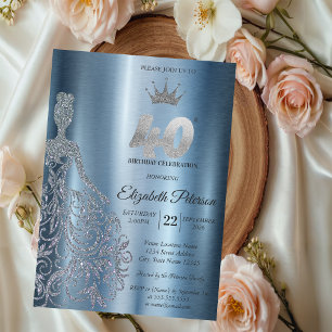 Silver Glitter Klänning, Diamanter Blå 40-årsdag Inbjudningar
