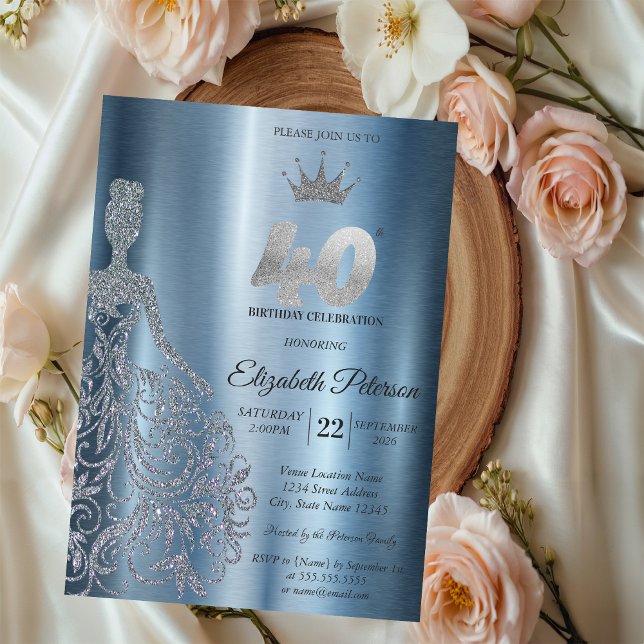 Silver Glitter Klänning, Diamanter Blå 40-årsdag Inbjudningar (Skapare uppladdad)