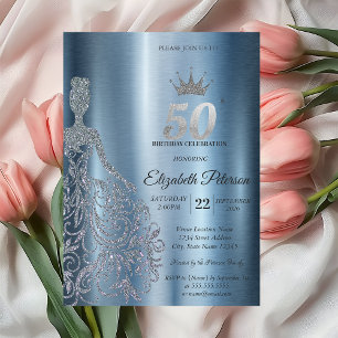 Silver Glitter Klänning, Diamanter Blå 50-årsdag Inbjudningar