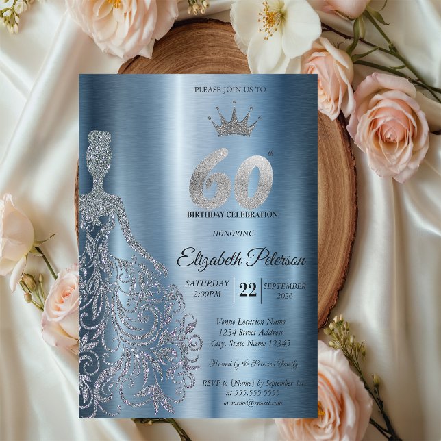 Silver Glitter Klänning, Diamanter Blå 60-årsdag Inbjudningar (Skapare uppladdad)