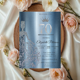 Silver Glitter Klänning, Diamanter Blå 70-årsdag Inbjudningar