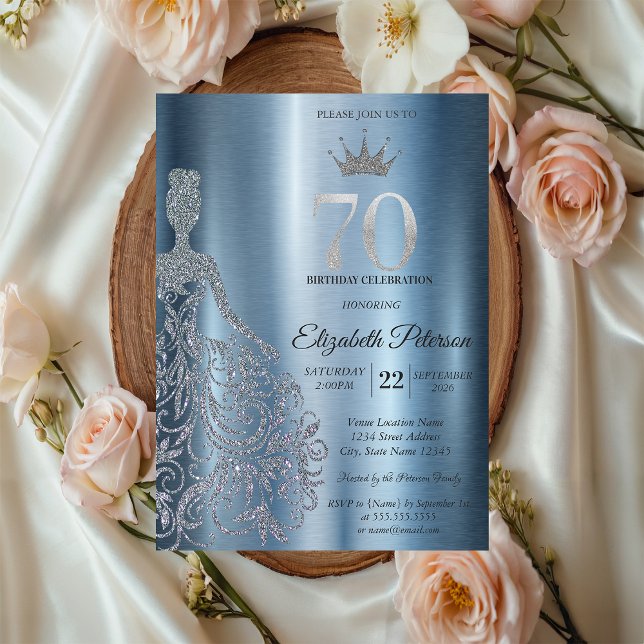 Silver Glitter Klänning, Diamanter Blå 70-årsdag Inbjudningar (Skapare uppladdad)
