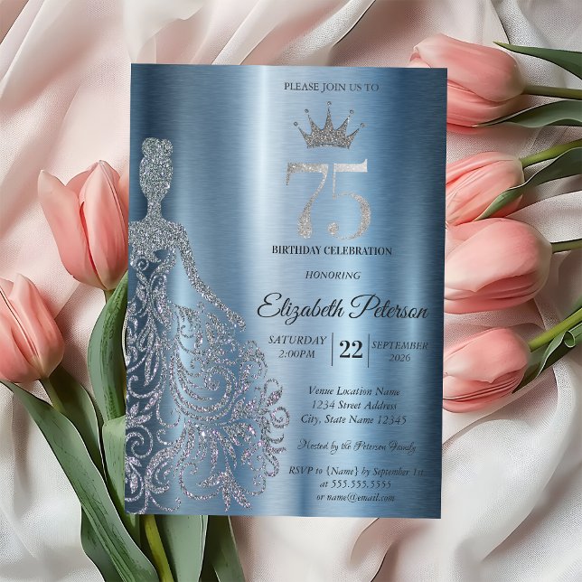 Silver Glitter Klänning, Diamanter Blå 75-årsdag Inbjudningar (Skapare uppladdad)