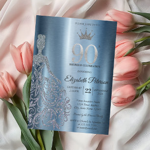 Silver Glitter Klänning, Diamanter Blå 90-årsdag Inbjudningar