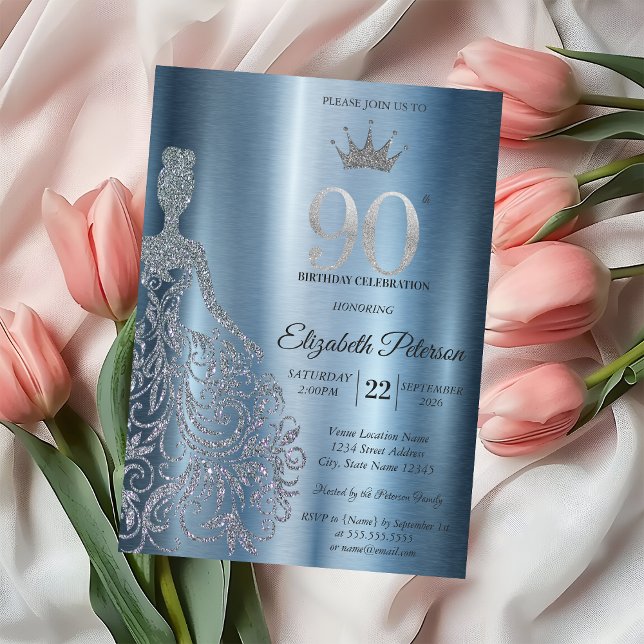 Silver Glitter Klänning, Diamanter Blå 90-årsdag Inbjudningar (Skapare uppladdad)