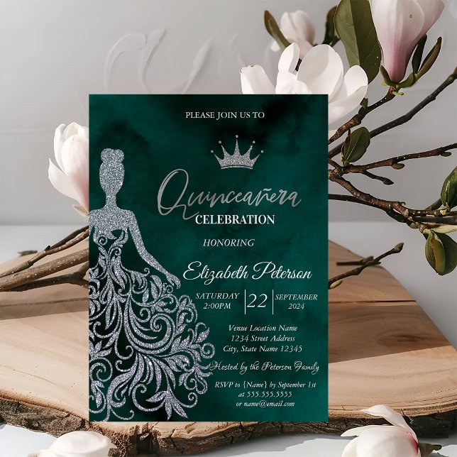 Silver Glitter Klänning, Diamanter Grön Sweet 15 I Inbjudningar (Skapare uppladdad)